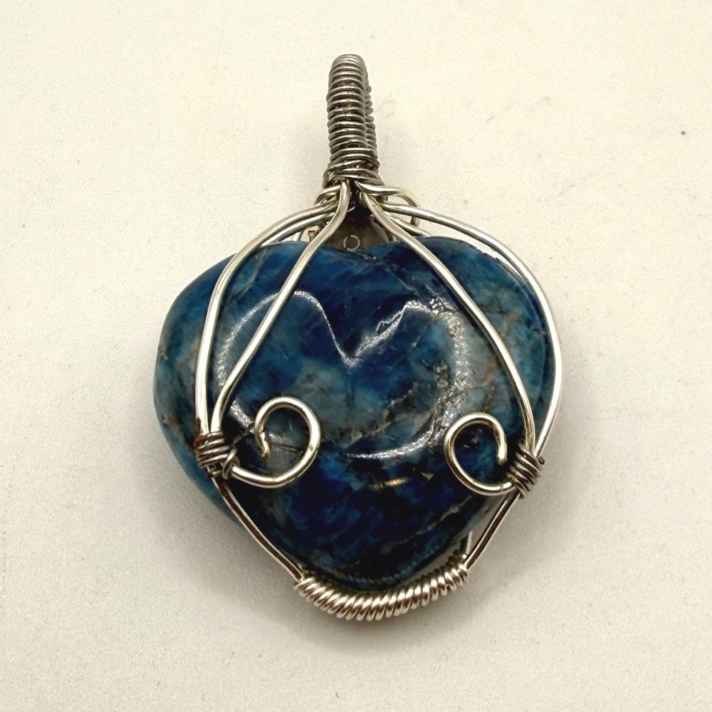 Blue Apatite Heart Pendant Wire Wrapped Silver Tone Artisan